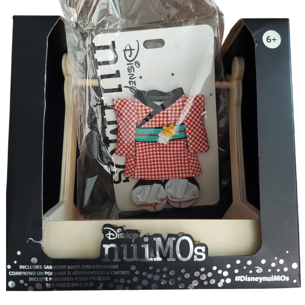 Disney nuiMOs Red Checkered Kimono Outfit and Wooden Garment Rack Hanger Set